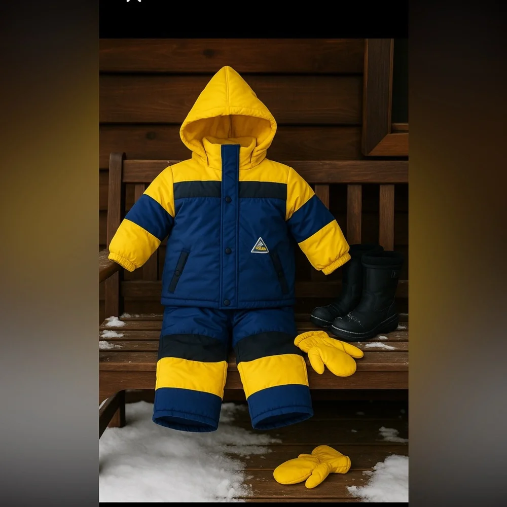 Toddler Blue & Yellow Winter Snowsuit – 24M – Warm Hooded Ski Outfit